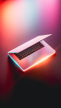 Laptop glows with vibrant neon lights in a dark setting