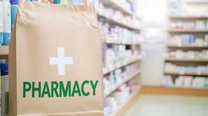 A brown paper bag with the word 'Pharmacy' printed on it sits on a shelf with shelves full of medicine in the background. Healthcare services offered in a retail setting.