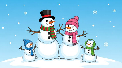 Cheerful snowman family celebrating winter fun and snowy days, perfect for holiday cards and festive seasonal designs with a lighthearted feel