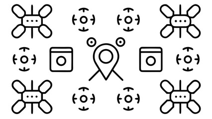 Black and white graphic featuring drones, location pin, and washer icons arranged symmetrically on white