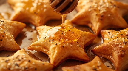 Golden star shaped pastries drizzled with honey and sprinkled with seeds