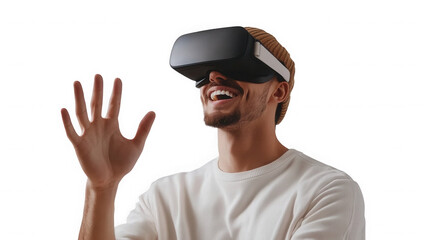 A man wearing a vr headset with his hand raised and a happy expression on a black isolated background on transparent background