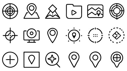 Collection of black and white location and navigation icons in a vector format for digital use