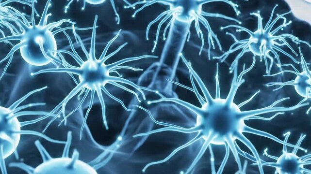 Microscopic view of stellate cells in the cerebellum, illustrating inhibitory interneurons and neuronal connections.