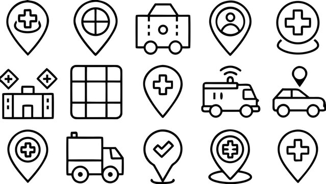 Line art illustration featuring medical icons, vehicles, and location markers in a grid layout