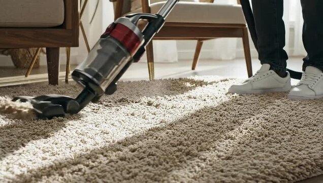 Person vacuuming carpeted floor in bright living room space  