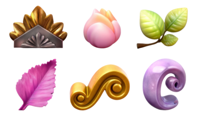 Glossy Mini Sculptures in 3D Featuring Stylized Leaf, Flower, and Decorative Elements