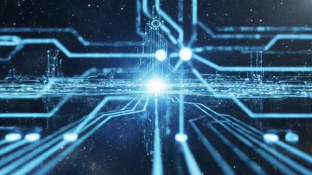 Abstract glowing blue digital circuit board pattern on a dark starry space background representing technology and data flow vector illustration