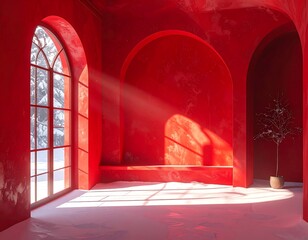 Interior with arched doorway, window, snowscape and warm color scheme