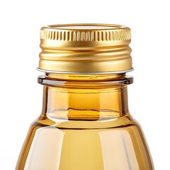 Close up of a small amber glass bottle with a golden metal cap