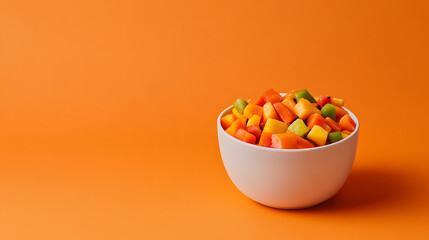 A vibrant bowl of fresh fruit salad bursts with color against a bold orange backdrop, perfect for a healthy snack or dessert. A tempting treat for a hot summer day!