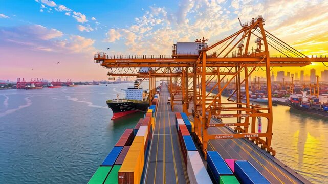 Colorful container shipping cargo port harbor terminal vessel ship logistics hub with cranes sunrise and sunset industrial ocean transport global