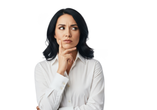 Woman in white shirt thinking, isolated on transparent background