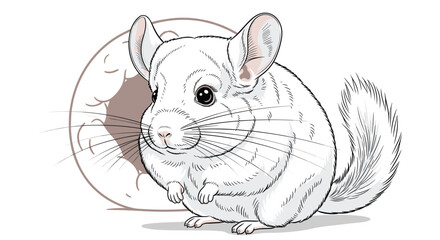 A detailed black and white sketch of an adorable fluffy white chinchilla with large ears and long whiskers sits cutely.
