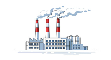 Obraz premium A large industrial factory with three tall smokestacks emits plumes of smoke into the air in a clean line art illustration.
