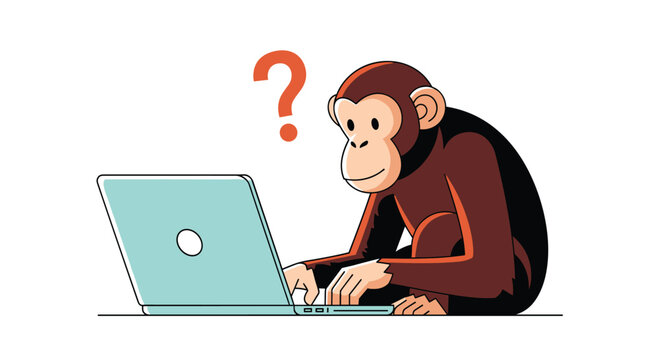 A confused cartoon chimpanzee with a large red question mark above its head tries to use a modern laptop computer.