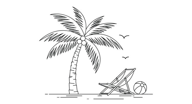 A minimal black and white outline drawing depicts a relaxing beach scene with a palm tree chair and a beach ball.