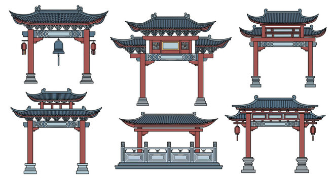 A set of six traditional chinese paifang archway gates with intricate roof details is illustrated in a clean line style.