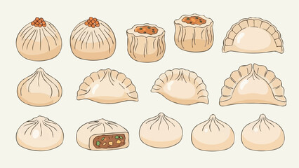 A delicious assortment of hand-drawn traditional Asian dumplings and dim sum.