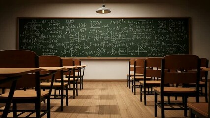 Classroom filled with equations and geometry on the blackboard, desks and chairs arranged for - Powered by Adobe