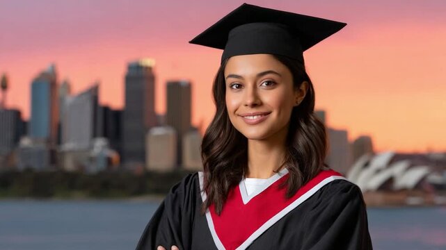 The Graduate: A young woman, adorned in a graduation cap and gown, gazes confidently at the camera, her smile radiating achievement against a backdrop of a beautiful cityscape.