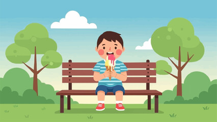 Happy cartoon boy eating a colorful ice cream cone.