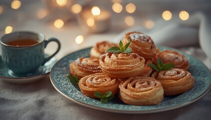 Sweet pastry rolls dusted with powdered sugar served with tea and bokeh lights