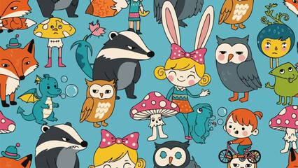 Whimsical Forest Creatures and Characters in a Colorful Illustration.