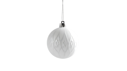 Elegant white Christmas ornament with intricate pattern hanging, perfect for holiday designs and festive celebrations, clean and modern holiday touch