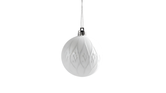 Elegant white Christmas ornament with intricate pattern hanging, perfect for holiday designs and festive celebrations, clean and modern holiday touch