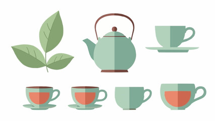 Tea set illustration featuring teapot cups and tea leaves in a flat design.