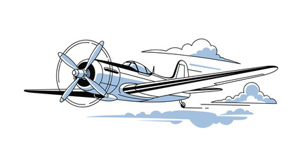 A classic single-propeller airplane with vintage styling soars gracefully through light blue clouds in a line art illustration.