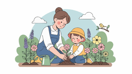 Mother and child planting flowers together in a garden.