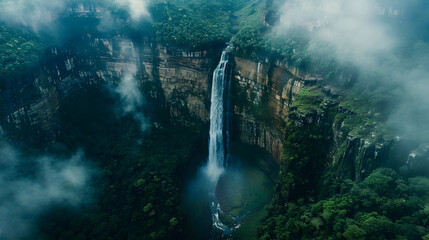 Fototapeta premium aerial view of giant waterfall plunging into crater