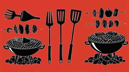 Set of black silhouette barbecue grilling tools and equipment.