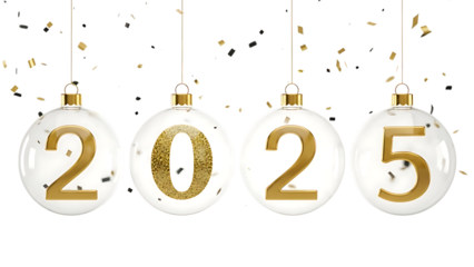 Celebrate the New Year 2025 with Sparkling Golden Numbers Hanging as Baubles and Falling Confetti, Perfect for Festive Greetings and Holiday Cheer