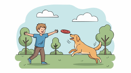 Boy playing frisbee with his dog in a park.