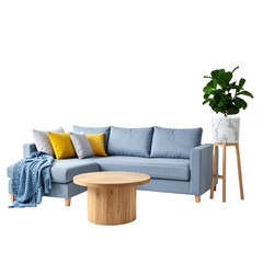 Stylish Living Room Setup: A cozy living room arrangement featuring a modern blue sofa, round wooden coffee table, decorative pillows, potted plant and a warm, inviting space for relaxation.