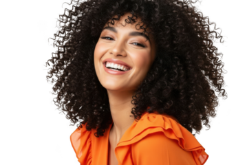 Smiling woman with curly hair isolated on transparent background