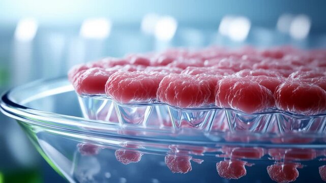 Lab grown meat laboratory and tray represents bio circular green innovation for sustainable bio economy with bcg principles advancing future food