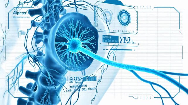 Animated 3D rendering of Alpha motor neurons and neural networks with scientific interface