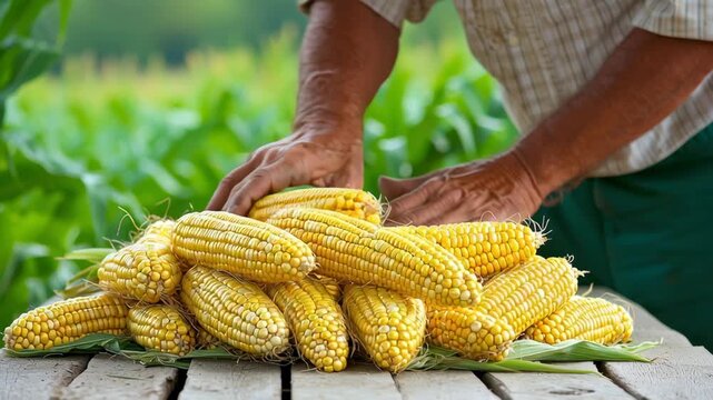 Fresh corn maize harvest rustic table with farmer hands, yellow ear and kernel cob, organic agriculture summer farm field rural scene natural food