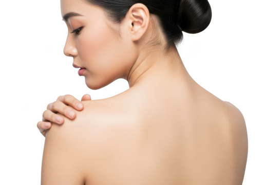 Woman touching her shoulder isolated on transparent background