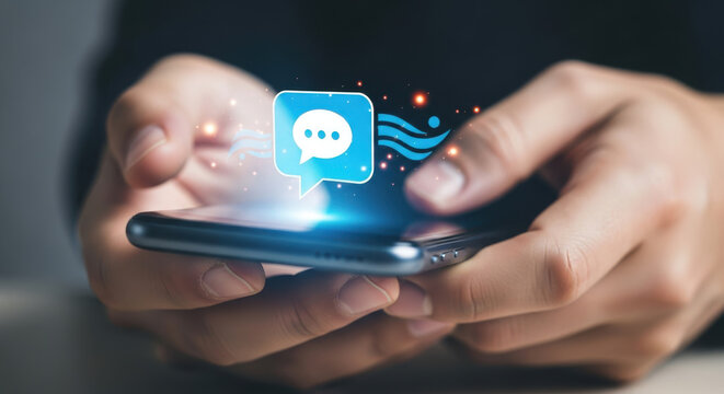 Person texting on a smartphone with a glowing chat bubble icon - Powered by Adobe