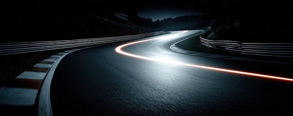A close-up of illuminated lights on empty track concept. A dynamic night scene of a race track curve with bright lights.