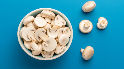 Fresh mushrooms on a vibrant blue background. This photo captures the simplicity and natural beauty of culinary ingredients in a striking composition, highlighting textures.