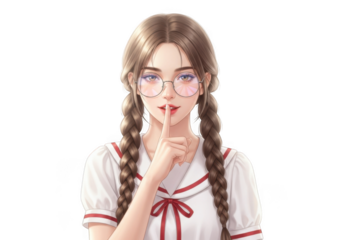 Young girl with pigtails and glasses asking for silence, isolated on transparent background