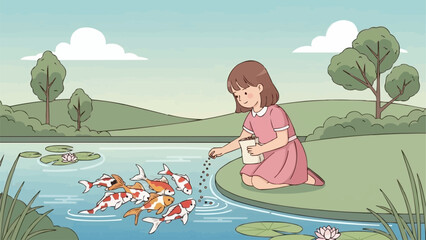 Young girl in a pink dress feeding a school of koi fish.