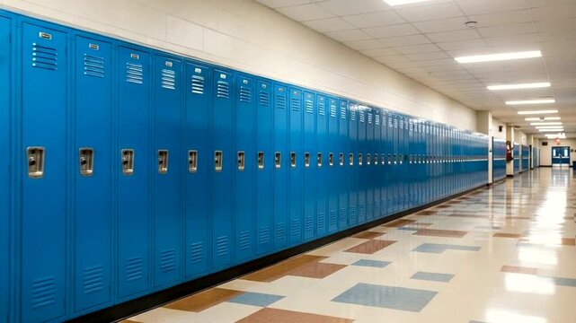 Clean School Hallway with blue Lockers and Tile Floor Perfect for Education Backgrounds or