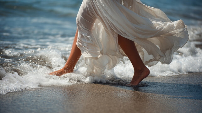 Woman walking barefoot by the ocean waves at the beach on a sunny day - Powered by Adobe